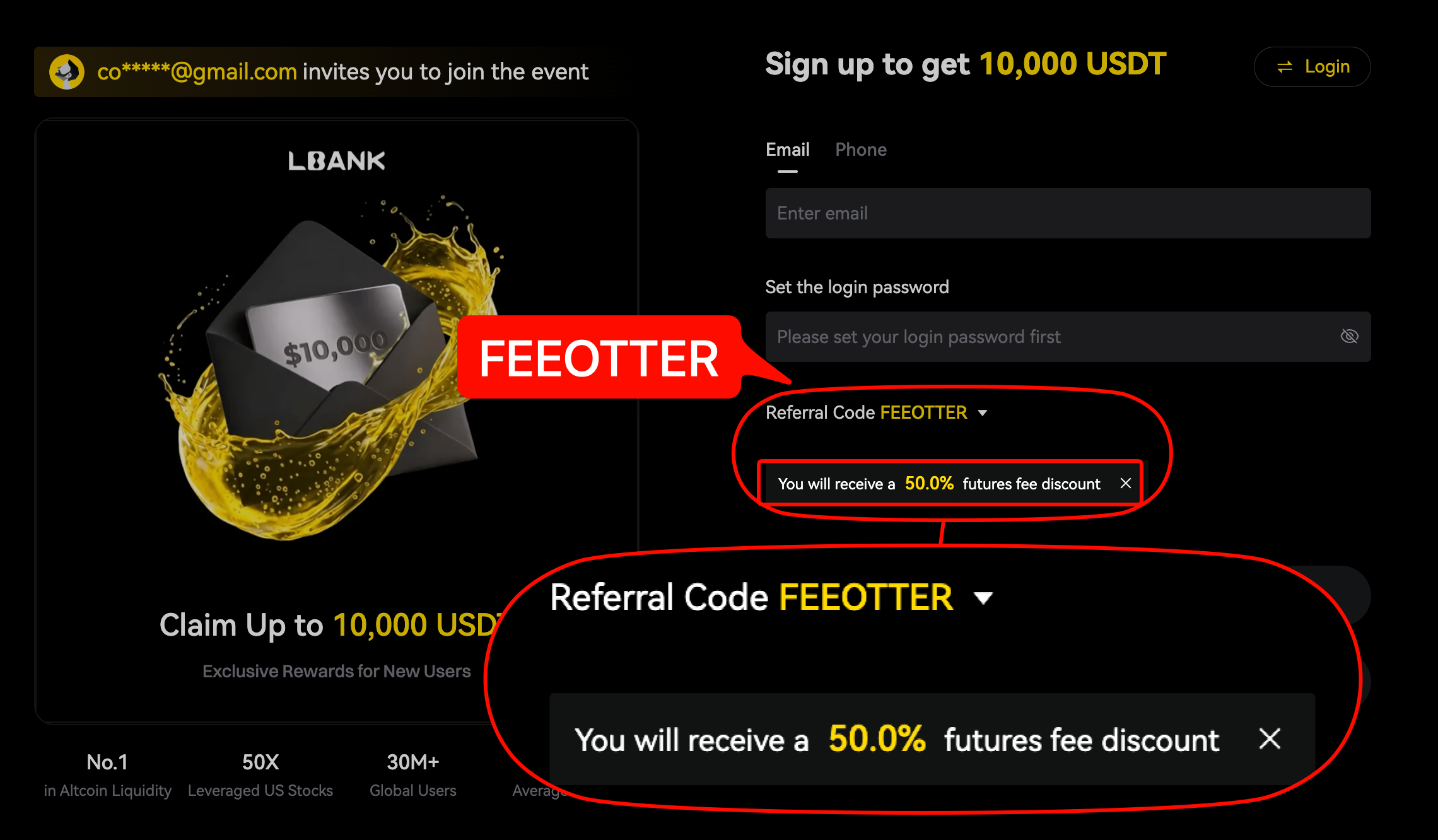 LBank signup page with FEEOTTER in the Referral Code field and the message "You will receive a 50.0% futures fee discount"